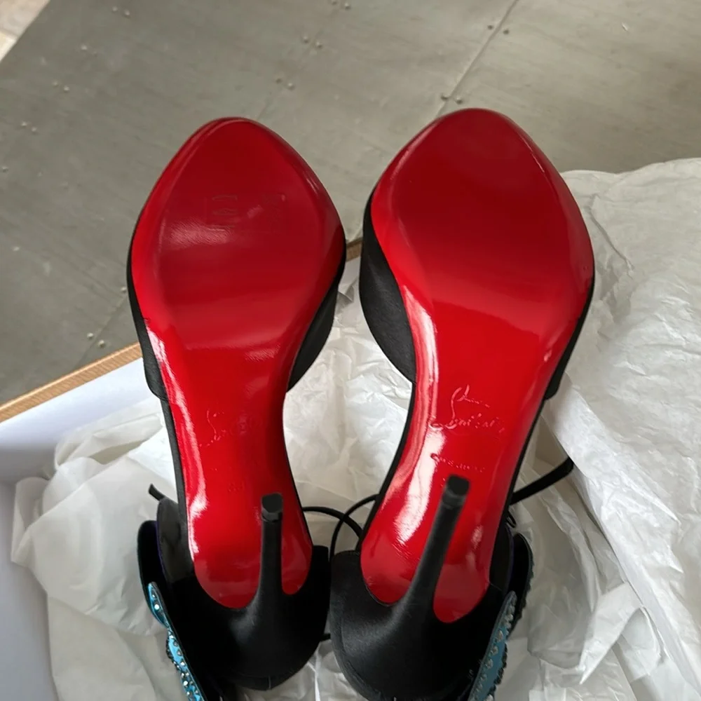 Christian Louboutin pensamoi black satin crystal peep toe stiletto RARE sz 38